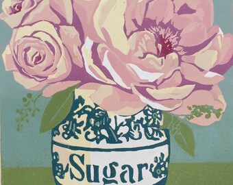 Mom's Sugar Bowl, original linocut