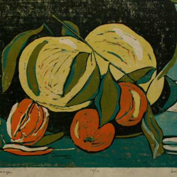 Peeled Orange, relief woodblock still life