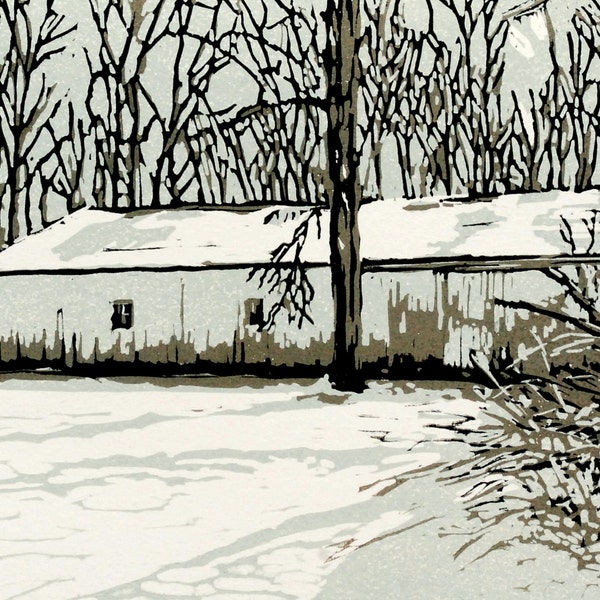 Winter Barn, original linocut print