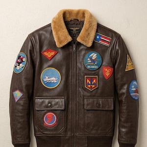 Chaqueta de aviador G1 Navy Flight Bomber de cuero auténtico / Abrigo de piloto artesanal / Cuello de piel auténtica / Estilo militar con parches bordados