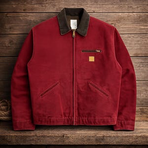 Könnte beinhalten: Rote Arbeitsjacke mit braunem Kragen und goldenem Reißverschluss. Die Jacke hat zwei Vordertaschen und einen kleinen quadratischen Aufnäher auf der Brust. Die Jacke wird auf einer Holzoberfläche präsentiert.