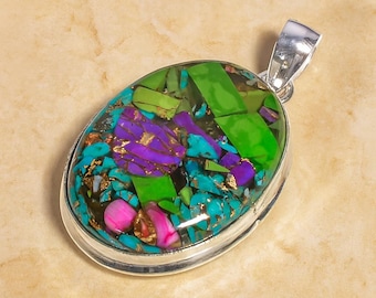 Boho Inlay Gemstone Pendant • Multicolor Turquoise & Green Stone Necklace • Colorful Statement Jewelry • Mosaic Gemstone • Gift for Her"