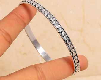 Handmade Sterling Silver Heart Bangle | Oxidized Minimalist Silver Bangle Bracelet | Boho Stackable Jewelry Gift for Women”