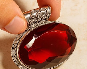 Red Crystal Pendant • Large Ruby Red Gemstone Necklace • Vintage Silver Statement Pendant • Boho Jewelry Gift for Her • Handmade Pendant”