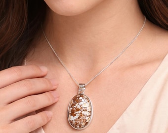 Brown White Jasper Pendant Necklace | Natural Stone Silver Jewelry | Oval Jasper Pendant for Women | Handmade Gemstone Necklace Gift"