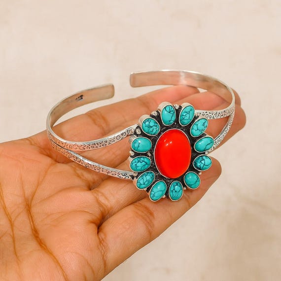 Turquoise Red Coral Cuff Bracelet • Boho Western Bangle  display picture 2