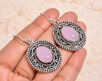 Pink Chalcedony Oval Earrings, Oxidized Silver Dangle Earrings, Vintage Boho Jewelry, Handmade Statement Earrings for Women"