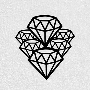 May include: Black geometric diamond design on a white background. The diamonds are arranged in a cluster, with varying sizes and sharp angles. The image has a clean, modern aesthetic, suitable for jewelry or graphic design.