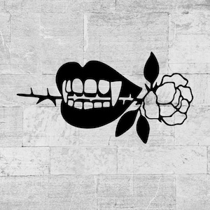May include: Black graphic of vampire fangs biting a rose stem, with a rose blossom and leaves. The design is set against a grey brick wall background. The image is a bold, minimalist illustration.