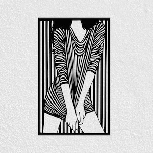 Può includere: Arte lineare in bianco e nero di una persona con un top a righe e uno sfondo a righe verticali. Le mani della persona sono giunte davanti a sé. L'arte è incorniciata in un rettangolo nero.