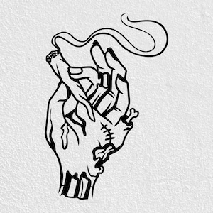 Mano esquelética sosteniendo un cigarrillo enrollado. Descarga digital (Svg, Dxf, Png, Pdf, Cdr).