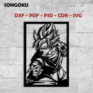 May include: Black framed wall art featuring a stylized illustration of a character from the Dragon Ball Z anime series. The image includes the text "SONGOKU" at the top and "DXF - PDF - PSD - CDR - SVG" in red text.