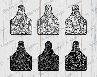 Western Tooled Leather Floral Cattle Ear Tag SVG PNG Bundle for Laser Engraving Patches