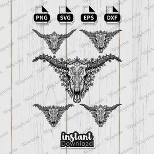 Puede incluir: Arte digital en blanco y negro con ilustraciones detalladas de calaveras de toro con diseños florales y ornamentales. Incluye iconos de tipo de archivo PNG, SVG, EPS y DXF. También están presentes las palabras "descarga instantánea".