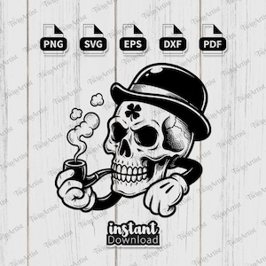 Puede incluir: Ilustración en blanco y negro de una calavera con bombín, trébol y fumando en pipa. La imagen incluye iconos de tipo de archivo para los formatos PNG, SVG, EPS, DXF y PDF. También están presentes las palabras "descarga instantánea".