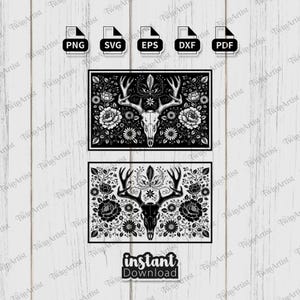 Könnte beinhalten: Schwarz-weiße digitale Kunst mit einem Hirschschädel, umgeben von floralen Mustern. Das Bild enthält Dateityp-Symbole für PNG-, SVG-, EPS-, DXF- und PDF-Formate. Der Text "sofortiger Download" ist ebenfalls vorhanden.