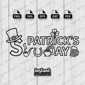 Puede incluir: Gráfico en blanco y negro para el Día de San Patricio, con un sombrero de copa, un trébol, una herradura, una olla de oro y una jarra de cerveza. El texto dice "Patrick's Day" con iconos de tipo de archivo.