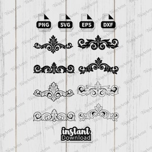 May include: Black decorative scrollwork designs in various styles, with file type icons for PNG, SVG, EPS, and DXF. The image includes the text "instant download".