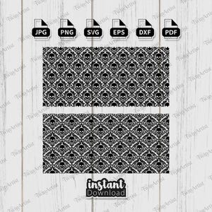 Könnte beinhalten: Schwarzes und weißes Damastmuster mit Totenkopfmotiven, wiederholt auf zwei Rechtecken. Oben befinden sich Dateityp-Symbole: JPG, PNG, SVG, EPS, DXF und PDF. Am unteren Rand steht "sofortiger Download".