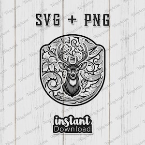 May include: Black and white deer head design with floral and swirl accents, labeled "SVG + PNG" and "instant download". The design is on a white wooden background.