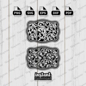 May include: Black and white floral design belt buckle templates in PNG, SVG, EPS, DXF, and PDF formats. The image includes two rectangular belt buckle designs with intricate floral patterns and rope-like borders. The words "instant download" are also present.