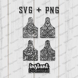 Ornamental Floral Cattle Ear Tag SVG Bundle Cow Tag PNG Leather Laser Engraving Designs