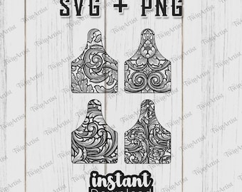Ornamental Floral Cattle Ear Tag SVG Bundle Cow Tag PNG Leather Laser Engraving Designs