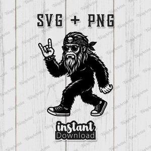 May include: A black and white illustration of a Bigfoot character wearing sunglasses, a bandana with a skull, and sneakers, making a rock and roll hand gesture. The image includes the text "SVG + PNG" and "instant Download".