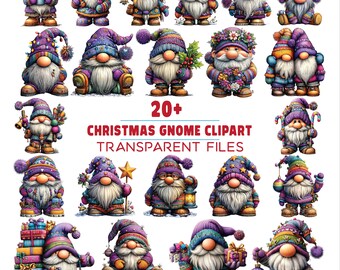 May include: A collection of over twenty colorful Christmas gnome clipart images. Each gnome is depicted with a long white beard, a pointed hat, and festive attire. The gnomes are holding gifts, lanterns, and other holiday-themed items.