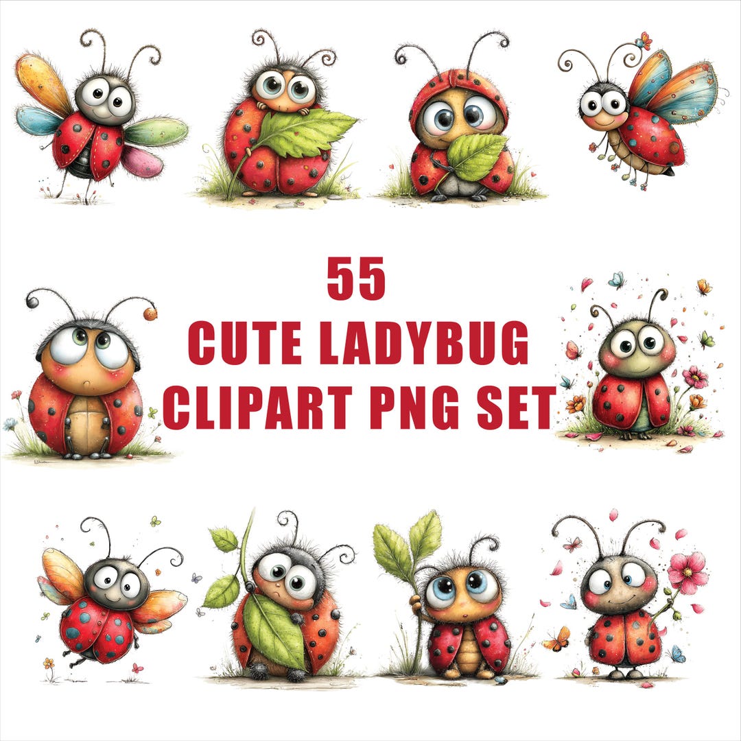 Watercolor Ladybug Clipart PNG Bundle, Kawaii Bug Nursery Sublimation ...