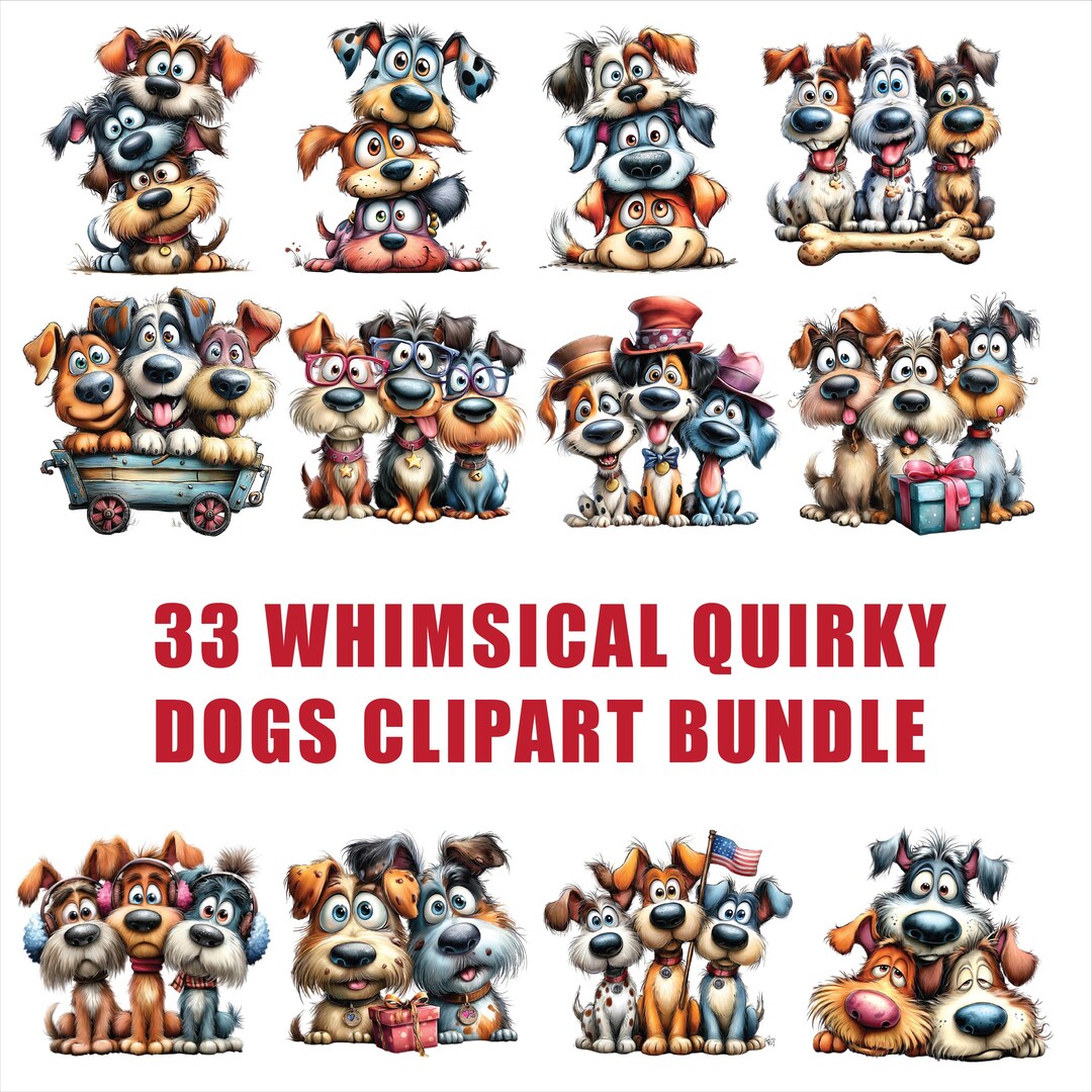 33 Whimsical Dog Clipart Bundle | Cute Funny Dogs PNG | Cartoon Puppy ...