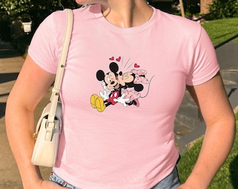 Mickey Minnie Couple Tee, Pink Disney Shirt,Aesthetic Baby Tee,Y2k Style Disney Lover Girly Valentine's Day Tee Cute Disney Park Trip Shirt