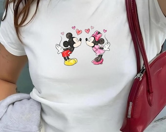 Retro Mickey and Minnie Disney Baby Tee, Classic Mickey Baby Tee, Magic Kingdom Shirts, Y2k Style Disney Lover Valentines Day Gift