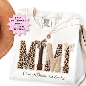 Custom Mimi Shirt Comfort Colors® Personalized Name Patchwork Shirt Faux Embroidery Leopard Mimi Tee, Coquette Mimi Shirt, Mothers Day Gift
