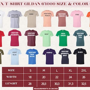 May include: A color chart for Gildan 61000 unisex t-shirts, featuring various colors like white, red, and black. The chart includes size measurements in inches: width from 18 to 26 inches, and length from 28 to 32.5 inches.