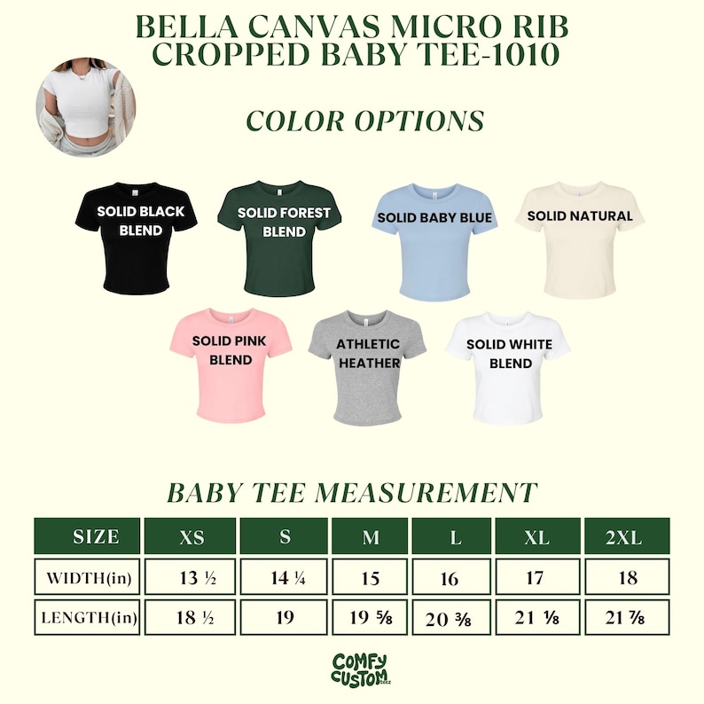 Pu&ograve; includere: Grafica che mostra le opzioni di colore e le misure per una maglietta corta da neonato Bella Canvas Micro Rib 1010. Le opzioni di colore includono nero, verde foresta, azzurro, naturale, rosa, grigio atletico e bianco. Le misure sono in pollici.