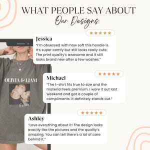May include: A person wearing a gray t-shirt with a photo print and the text "OLIVIA & LIAM" and "Ey 2024". The image includes customer reviews about the product's quality and comfort.