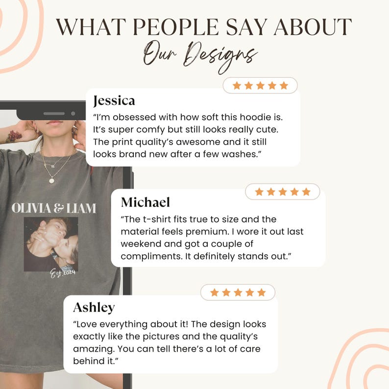 May include: A person wearing a gray t-shirt with a photo print and the text "OLIVIA & LIAM" and "Ey 2024". The image includes customer reviews about the product's quality and comfort.