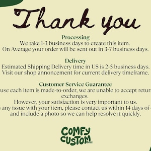 Pu&ograve; includere: Grafica color crema con le parole "Thank you" in un font scritto a mano. Il testo fornisce informazioni su elaborazione, consegna e servizio clienti, inclusa una garanzia e i dettagli di contatto.