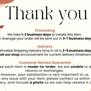 May include: A cream-colored card with the words "Thank you" in a large, elegant font. The card includes information about processing, delivery, and customer service, along with decorative hearts and abstract shapes.