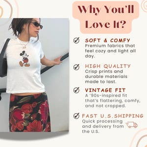 May include: A white t-shirt featuring a Mickey Mouse graphic, paired with a floral print skirt. The image includes text that reads "Why You'll Love It?" and highlights features like soft fabrics, high-quality prints, and a vintage fit.