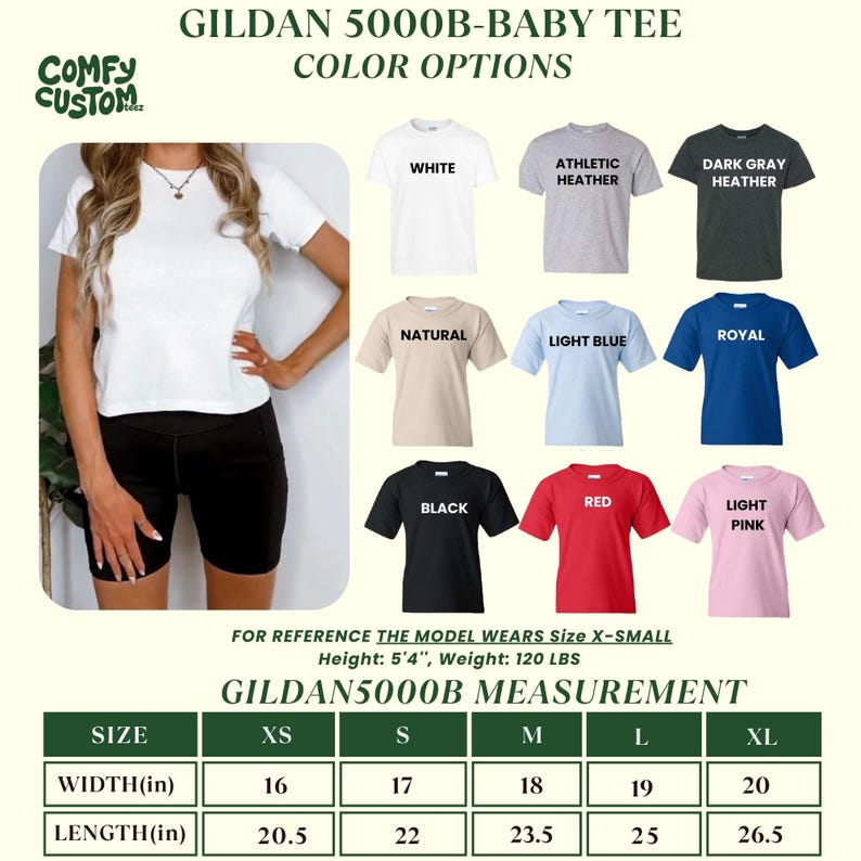 Pu&ograve; includere: Viene mostrata una maglietta da neonato Gildan 5000B bianca, con opzioni di colore tra cui bianco, athletic heather, grigio scuro heather, naturale, azzurro, royal, nero, rosso e rosa chiaro. La tabella delle taglie mostra una larghezza da 40,6 a 50,8 cm e una lunghezza da 52,1 a 67,3 cm.
