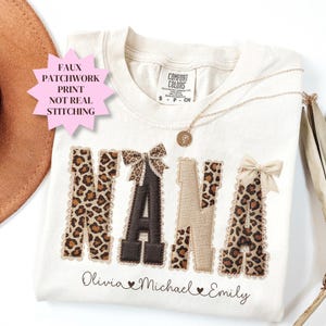 Custom Nana Shirt Comfort Colors®Personalized Name Patchwork Tee Faux Embroidery PRINT Leopard Nana Tee Coquette Nana Shirt Mothers Day Gift