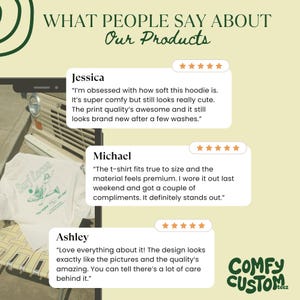 May include: An image displaying customer reviews for products. The text reads "What People Say About Our Products" and includes quotes from Jessica, Michael, and Ashley, each with a 5-star rating. A white t-shirt with a graphic is visible.