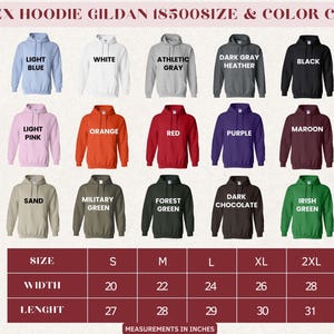 May include: A color chart for Gildan 18500 unisex hoodies. The chart displays various hoodie colors, including light blue, white, athletic gray, dark gray heather, black, light pink, orange, red, purple, maroon, sand, military green, forest green, dark chocolate, and Irish green. Measurements are in inches.