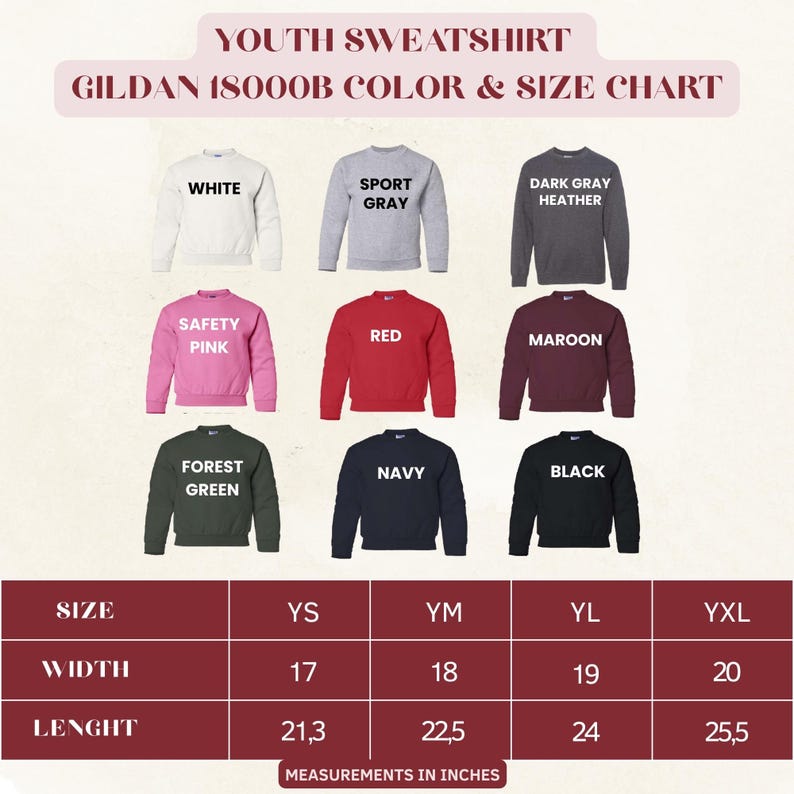 May include: A color and size chart for Gildan 18000B youth sweatshirts. The chart displays various colors, including white, sport gray, dark gray heather, safety pink, red, maroon, forest green, navy, and black. Measurements are in inches, with widths ranging from 17 to 20 inches.