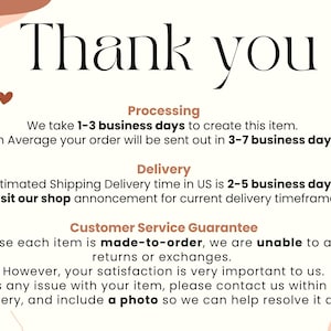 May include: A cream-colored card with the words "Thank you" in a large, elegant font. The card includes information about processing, delivery, and customer service, with decorative hearts and abstract shapes.