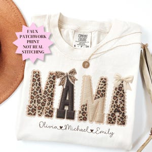 Custom Mama Shirt Comfort Colors® Personalized Name Patchwork Tee Faux Embroidery PRINT Leopard Mama Tee Coquette Mom Shirt Mothers Day Gift