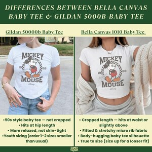 Pu&ograve; includere: Confronto tra due magliette bianche da bambino: Gildan 50000b e Bella Canvas 1010. Entrambe le magliette presentano una grafica di Mickey Mouse. La maglietta Gildan &egrave; in stile anni '90, arriva all'anca, mentre la Bella Canvas &egrave; corta e arriva alla vita.