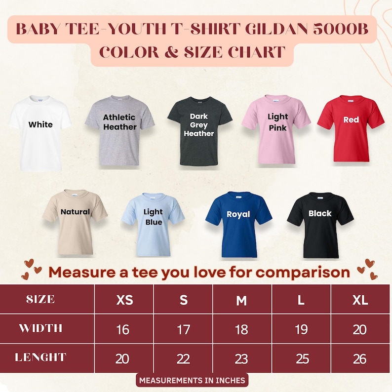 May include: Color and size chart for Gildan 5000B baby and youth t-shirts. The chart displays various colors: white, athletic heather, dark grey heather, light pink, red, natural, light blue, royal, and black. Measurements are in inches, with sizes ranging from XS to XL.
